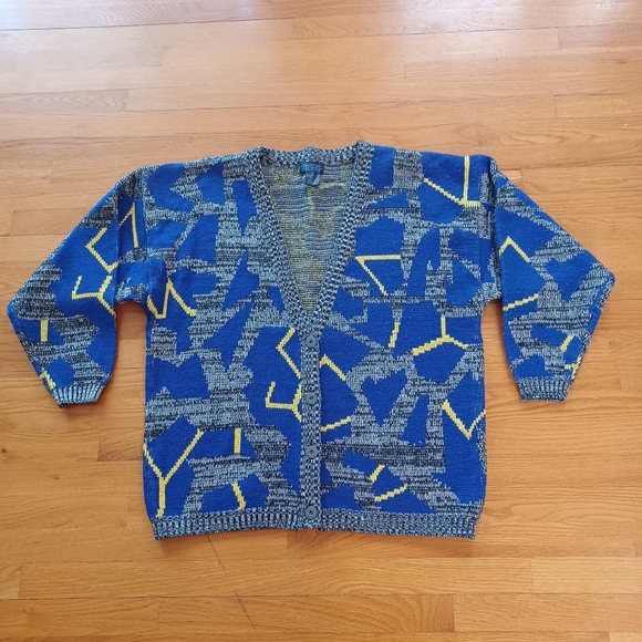 Vintage Tangiers 80's Style Blue / Yellow Retro Geometric Cardigan Grandpa Cozy - Picture 7 of 11